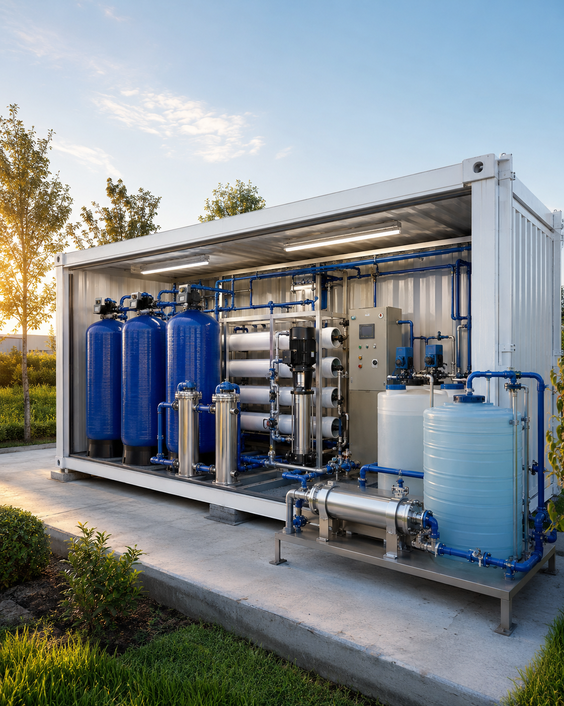 Instalasi sistem water treatment industri dengan tangki FRP dan unit reverse osmosis